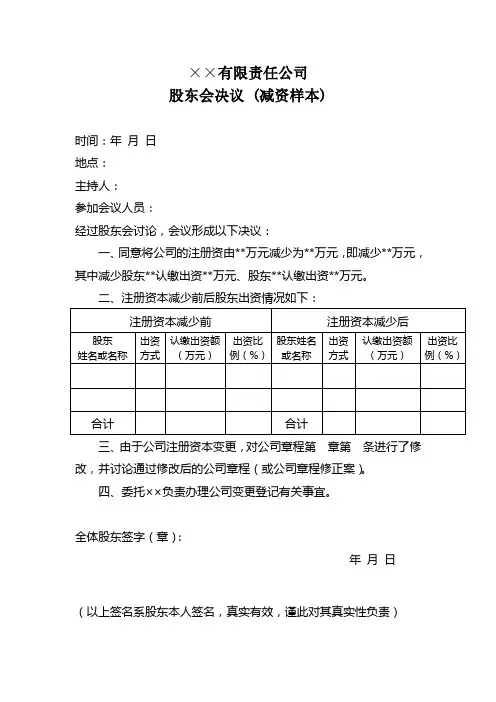股东会决议(减资样本)