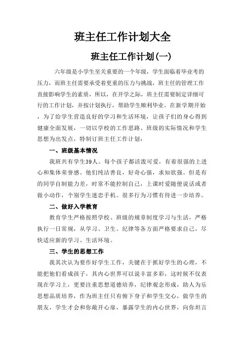 小学生班主任工作计划大全