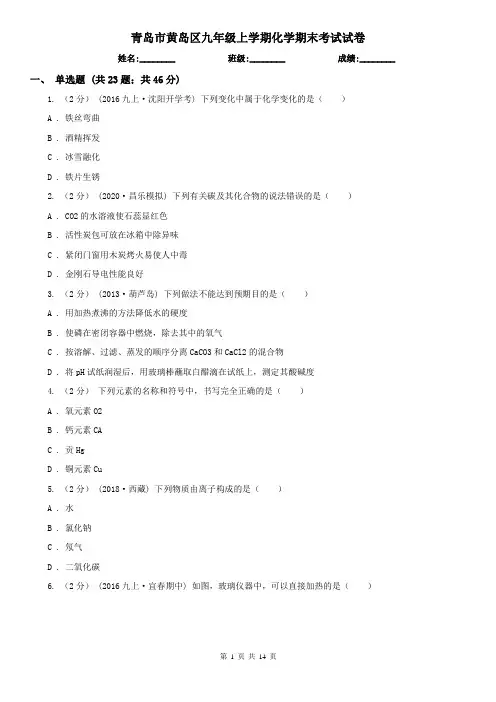 青岛市黄岛区九年级上学期化学期末考试试卷