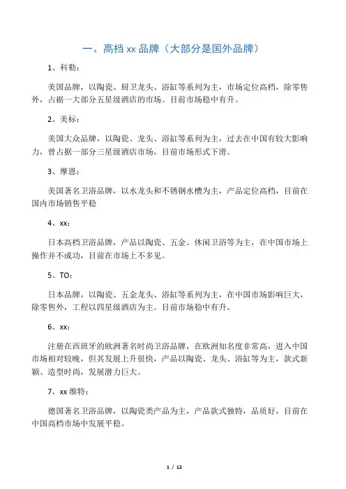 国外及国内卫浴品牌档次排名