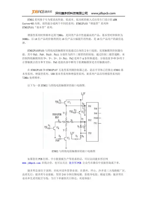一款专为要求高性能嵌入式应用专门设计的STM32与四线电阻触摸屏的接口电路图