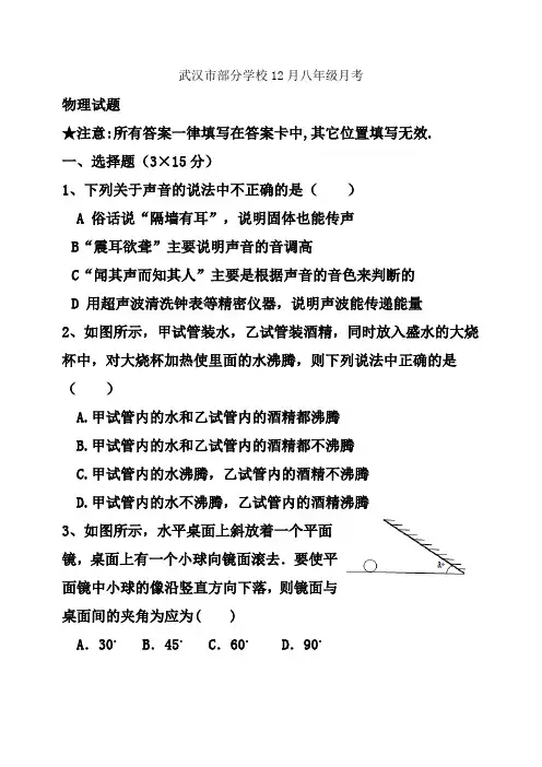 湖北省武汉市部分学校八年级12月月考物理试卷