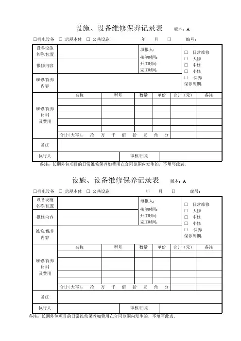 设施、设备维修保养记录表