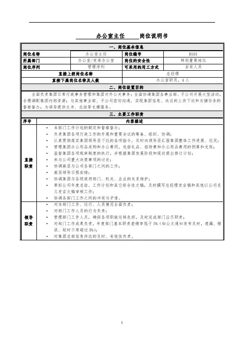 办公室主任     岗位说明书