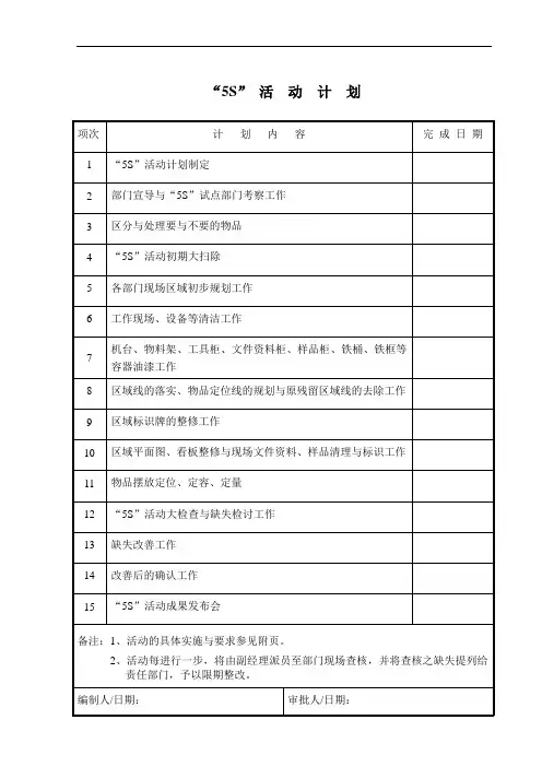 (5S现场管理)“5S”活动计划