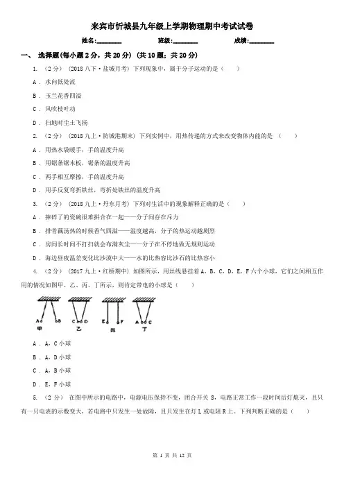 来宾市忻城县九年级上学期物理期中考试试卷