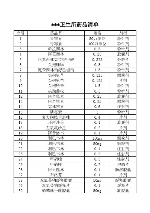 卫生所药品清单