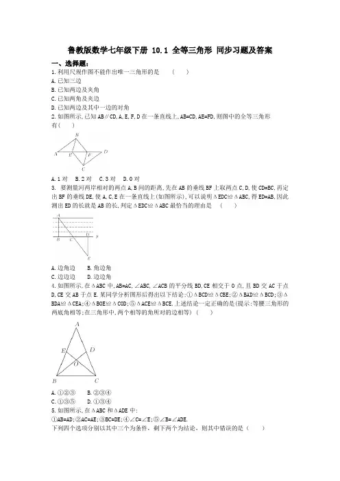 鲁教版数学七年级下册 10.1 全等三角形 同步习题及答案