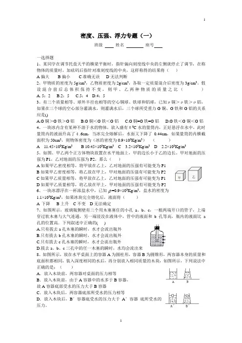 2019中考物理复习 密度、压强、浮力专题(一)