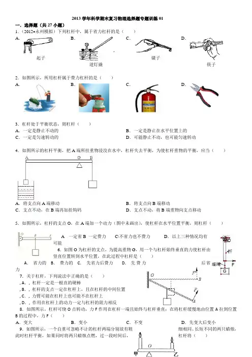 2013学年科学期末复习物理选择题专题训练