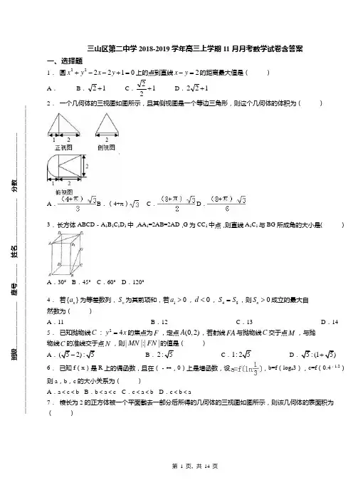 三山区第二中学2018-2019学年高三上学期11月月考数学试卷含答案