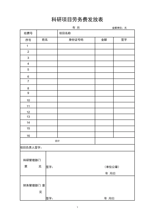 科研项目劳务费发放表