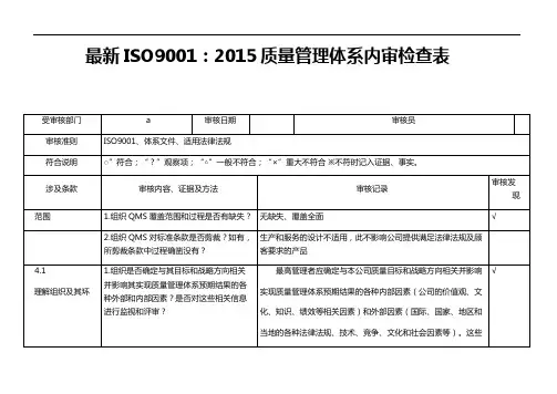 最新ISO9001：2015质量管理体系内审检查表