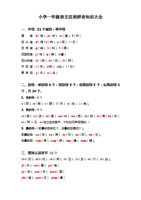 小学一年级语文汉语拼音知识大全