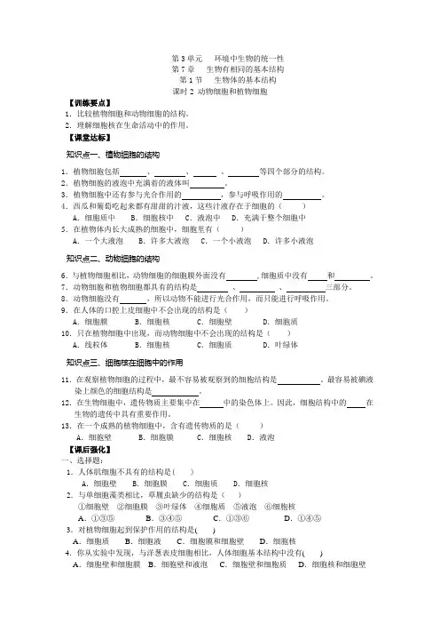 苏科版 七年级下 第七章第一节生物体的基本结构层次(课时2)导学案