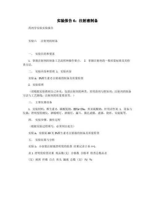 实验报告6：注射液制备