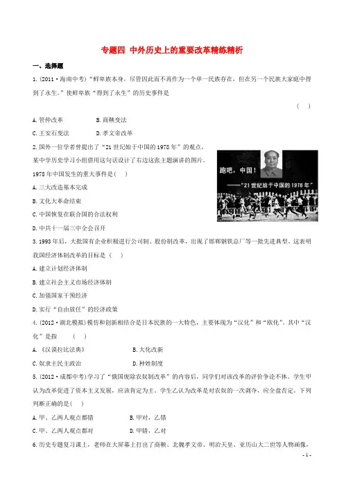 中考历史 专题四 中外历史上的重要改革精练精析 新人教版(1)