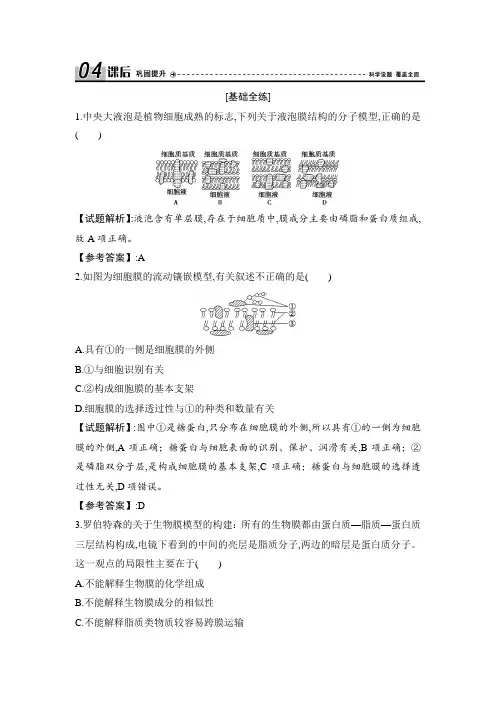 2021人教版高中生物必修1优化探究学案第4章第2节生物膜的流动镶嵌模型