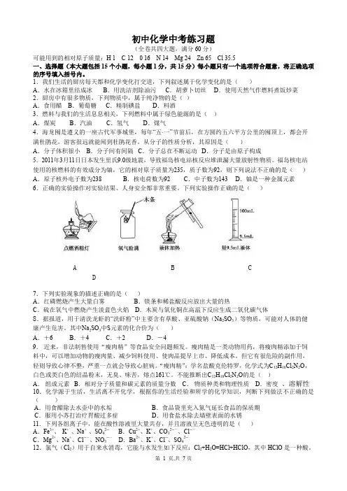 初中化学中考练习题