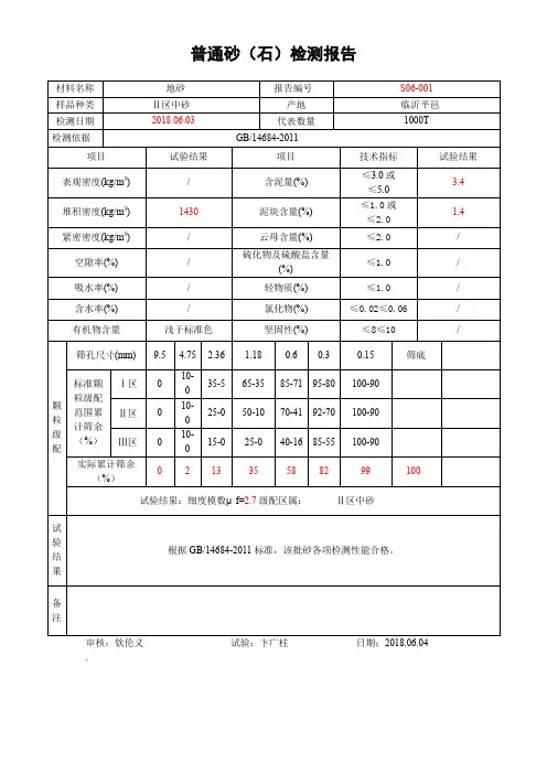 普通砂(石)检测报告