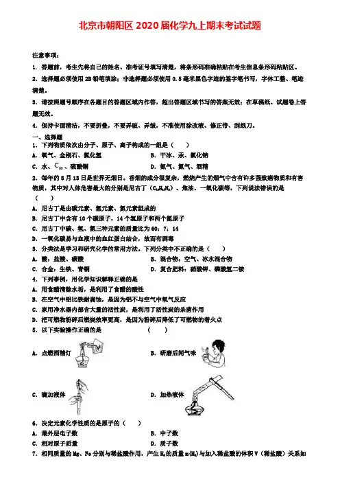 北京市朝阳区2020届化学九上期末考试试题