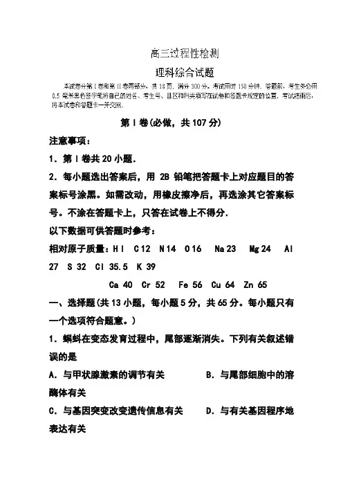 2018届山东省潍坊第一中学高三4月过程性检测理科综合试题及答案 精品