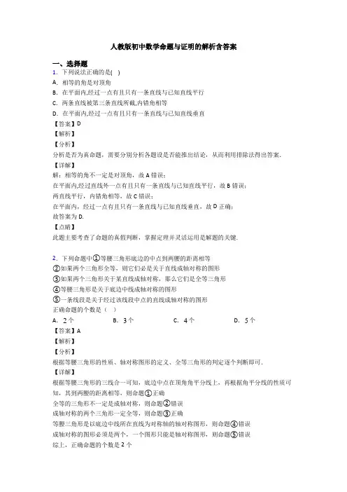 人教版初中数学命题与证明的解析含答案