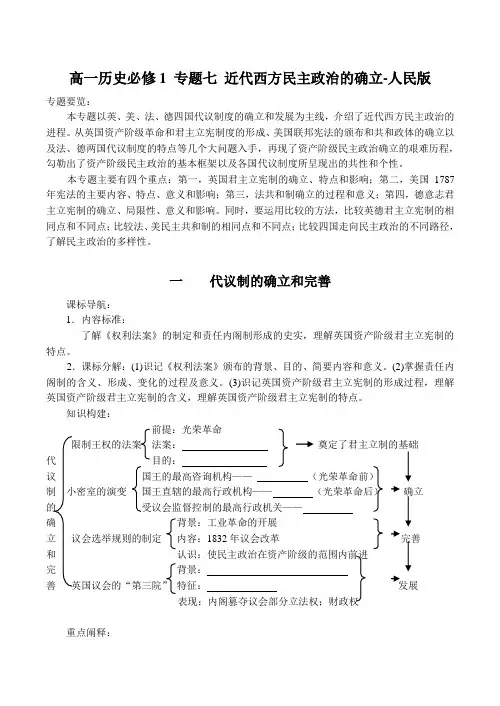 高一历史必修1 专题七 近代西方民主政治的确立-人民版