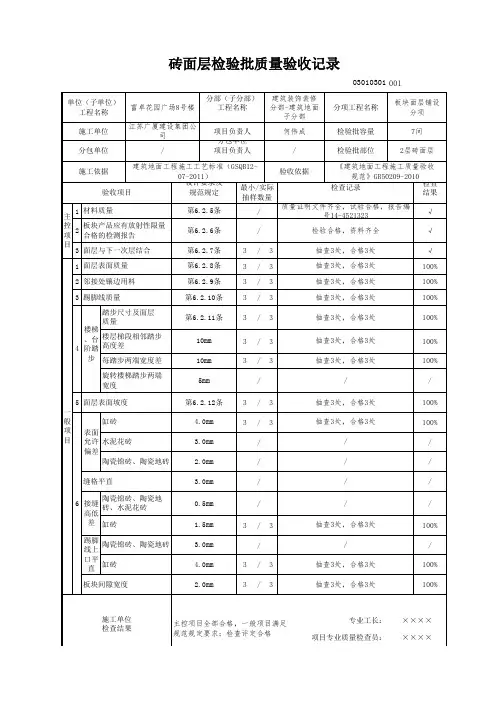 砖面层检验批质量验收记录
