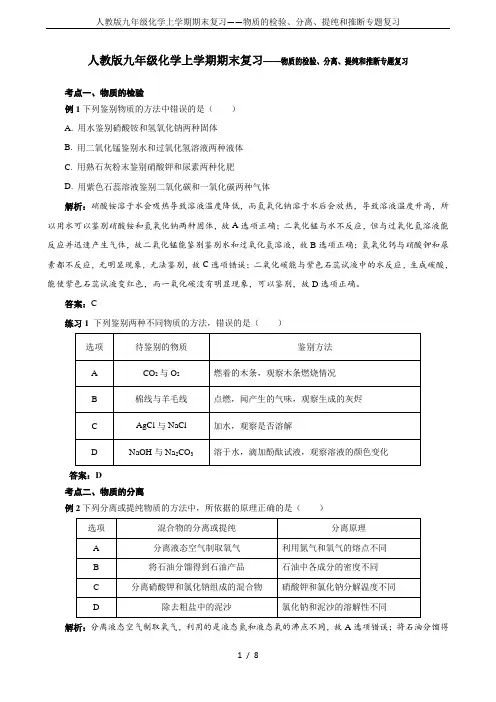 人教版九年级化学上学期期末复习——物质的检验、分离、提纯和推断专题复习