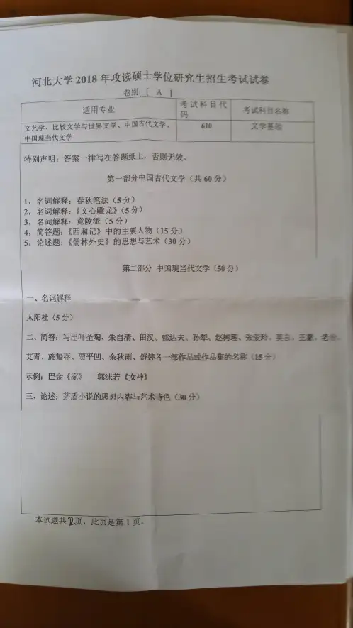 2018年河北大学610文学基础考研真题硕士研究生专业课考试试题
