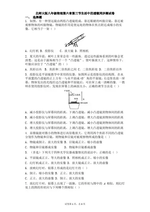 北师大版八年级物理 第六章第三节生活中的透镜 同步测试卷