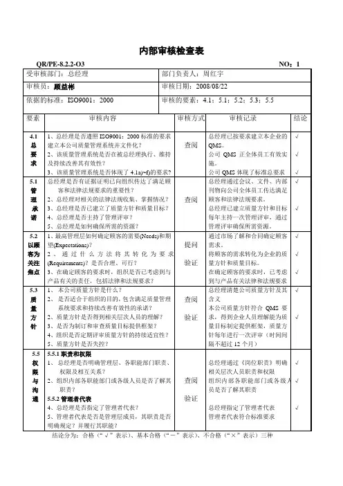 内部质量审核检查记录表