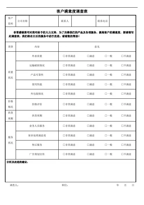客户满意度调查表模板