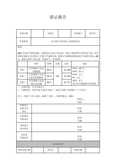 关于端午节发放员工福利的申请