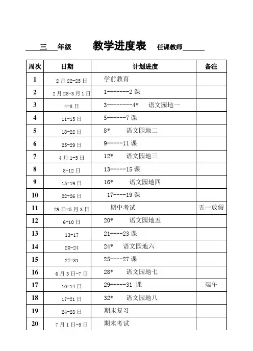 小学三年级语文下册教学计划进度表