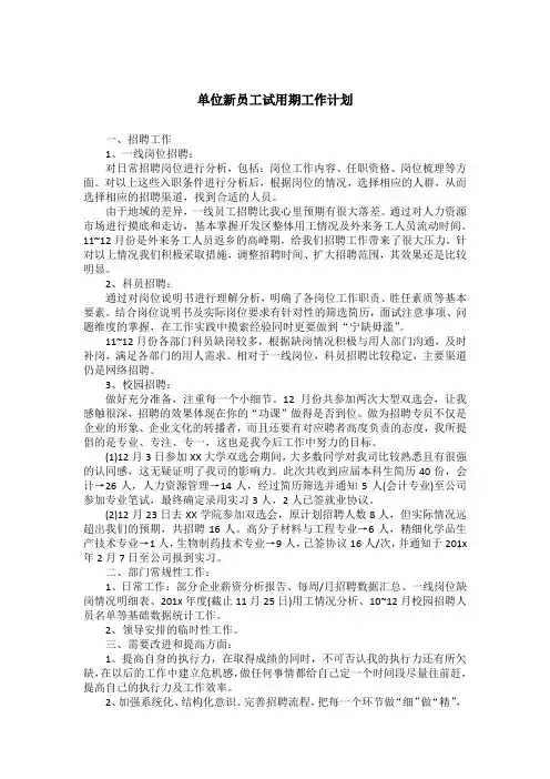 单位新员工试用期工作计划 2