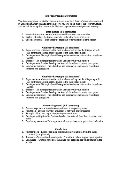 英语写作经典段落结构(雅思托福都适用)Five Paragraph Essay Structure