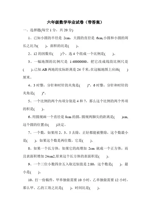 六年级数学毕业试卷(带答案)