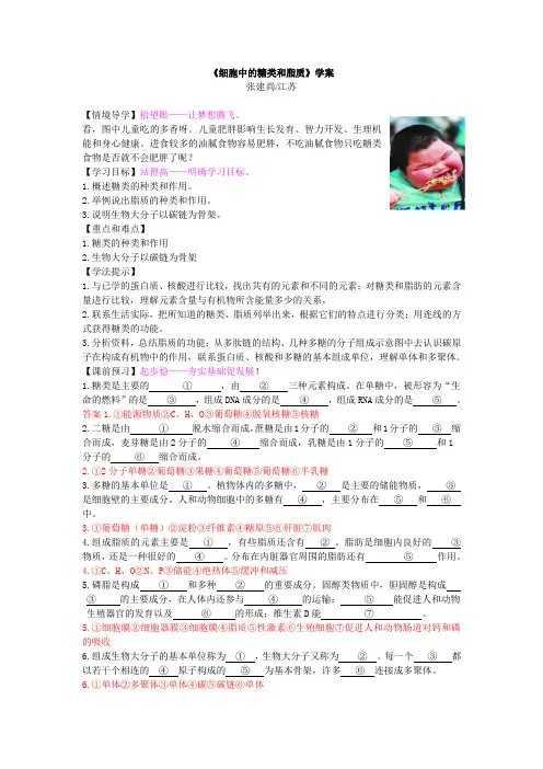 《细胞中的糖类和脂质》学案
