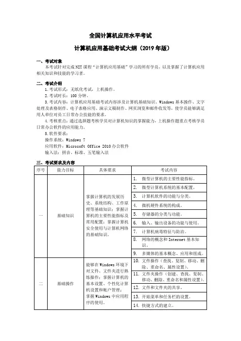 全国计算机应用水平考试计算机应用基础考试大纲(2019年