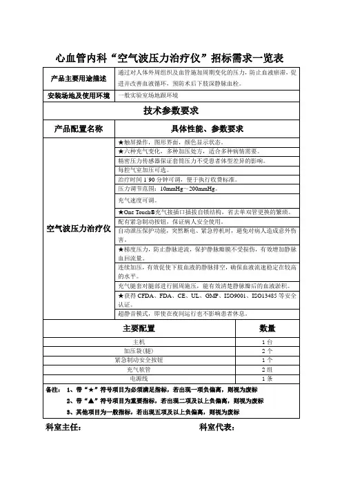 心血管内科空气波压力治疗仪招标需求一览表