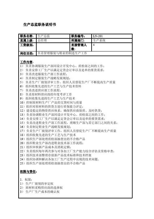生产总监职务说明书