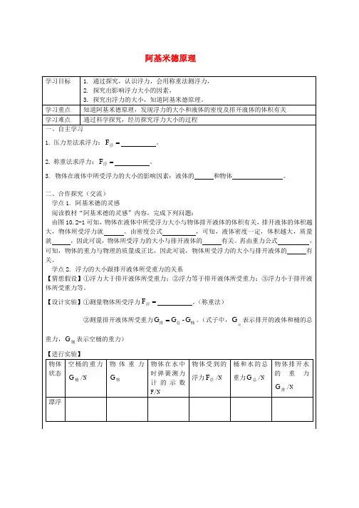 人教版八年级物理下册10.2阿基米德原理导学案无答案新版