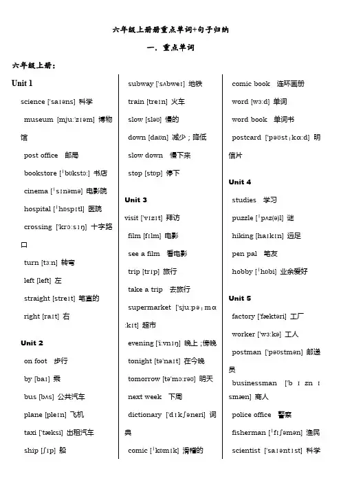 PEP版英语六年级上下册重点单词+句型整理