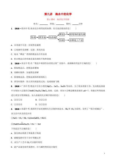 山东省中考化学总复习第九讲海水中的化学第1课时海洋化学资源练习(五四制)