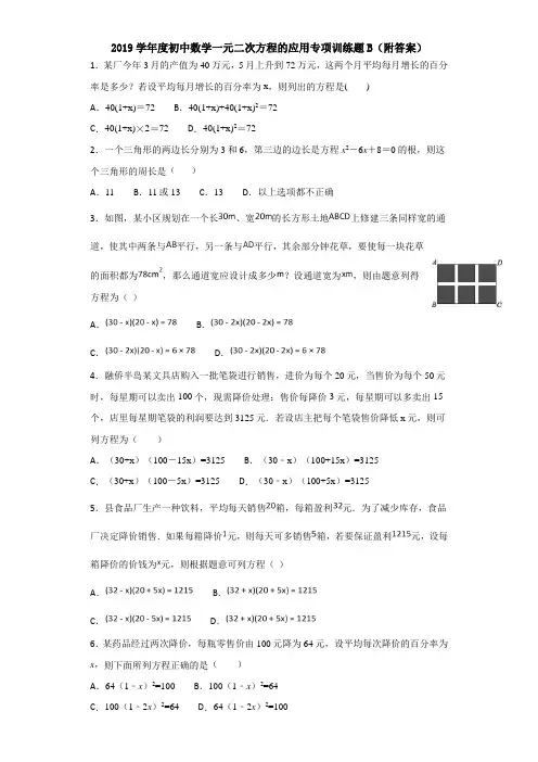 2019学年度初中数学一元二次方程的应用专项训练题B(附答案)