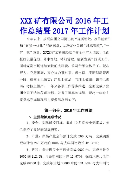 【完美】煤矿2016年工作总结即2017年工作计划
