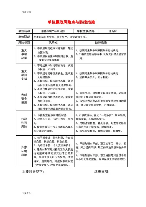 单位廉政风险点与防控要求措施