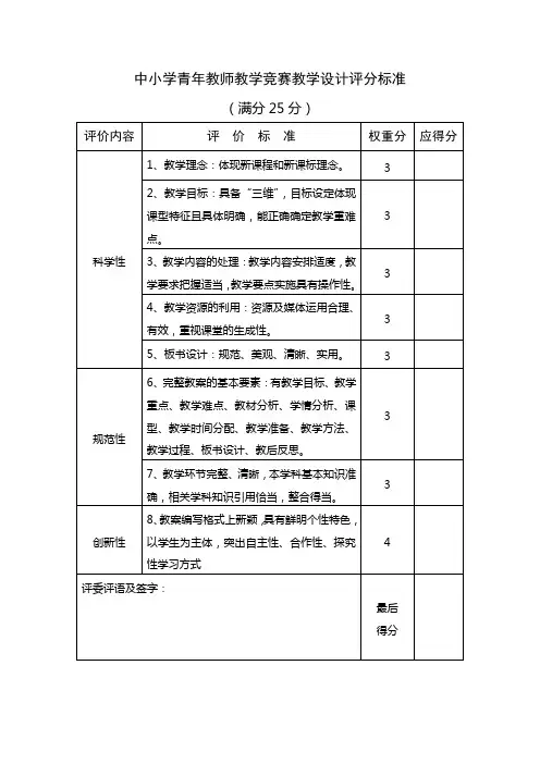 中小学青年教师教学竞赛教学设计评分标准